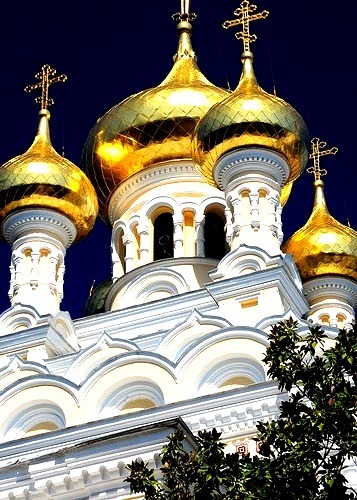 Golden domes of Alexander Nevsky Cathedral in Yalta, Ukraine
